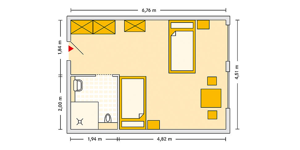 Pflegeheim Greifswald mit Beispielgrundriss Doppelzimmer.