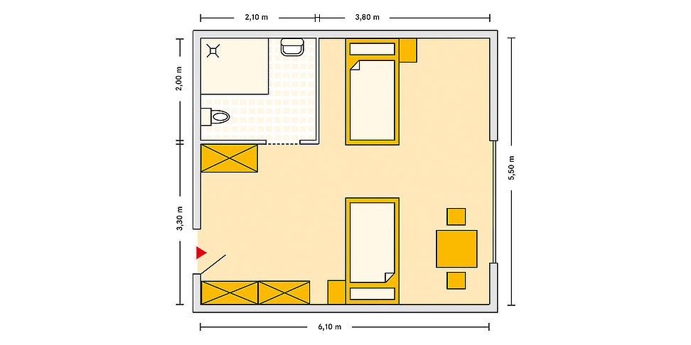 Pflegeheim Dachau mit Beispielgrundriss Doppelzimmer.