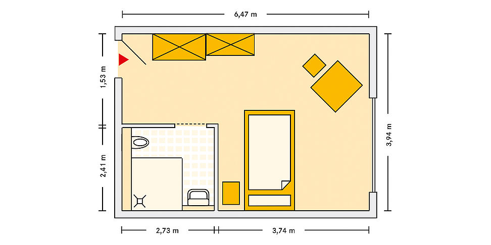 Pflegeheim Mücke mit Beispielgrundriss Einzelzimmer.