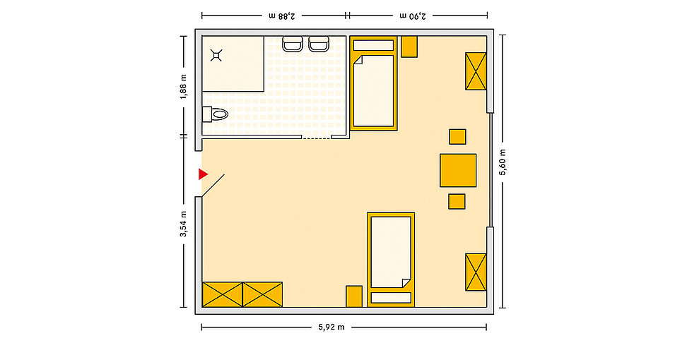 Pflegeheim Markkleeberg mit Beispielgrundriss Doppelzimmer.