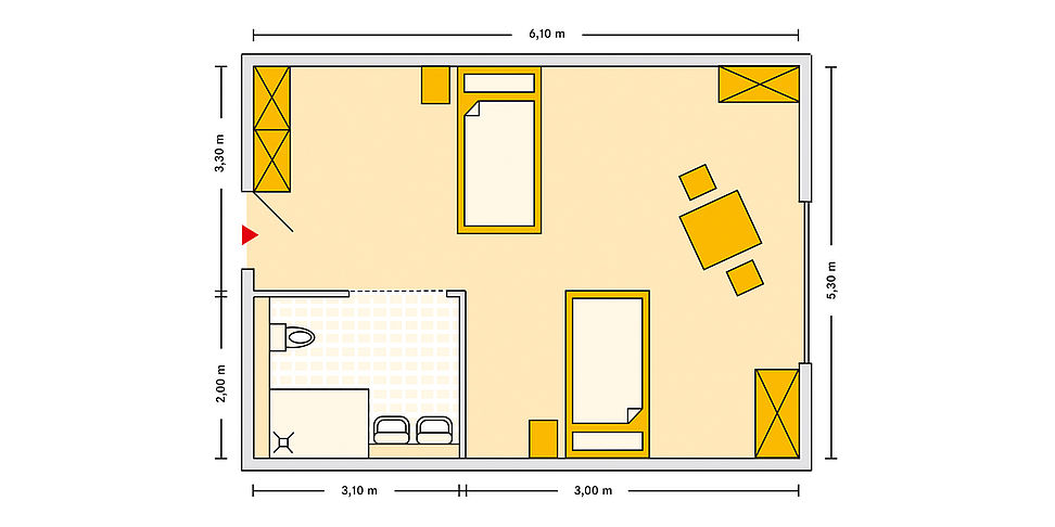 Pflegeheim Kriftel mit Beispielgrundriss Doppelzimmer.