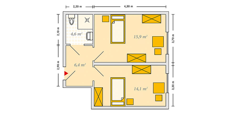 Pflegeheim Bad Muskau mit Beispielgrundriss Einzelzimmer