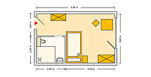 Pflegeheim Hoesbach mit Beispielgrundriss Einzelzimmer.