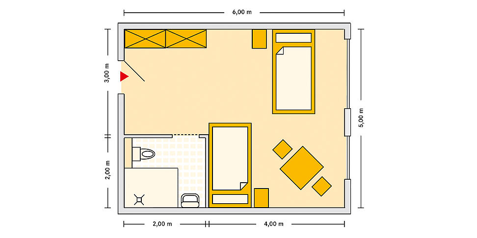 Pflegeheim Hoesbach mit Beispielgrundriss Doppelzimmer.