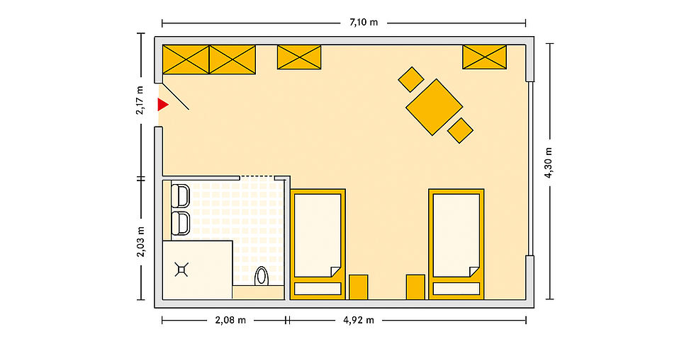 Pflegeheim Guben mit Beispielgrundriss Doppelzimmer.