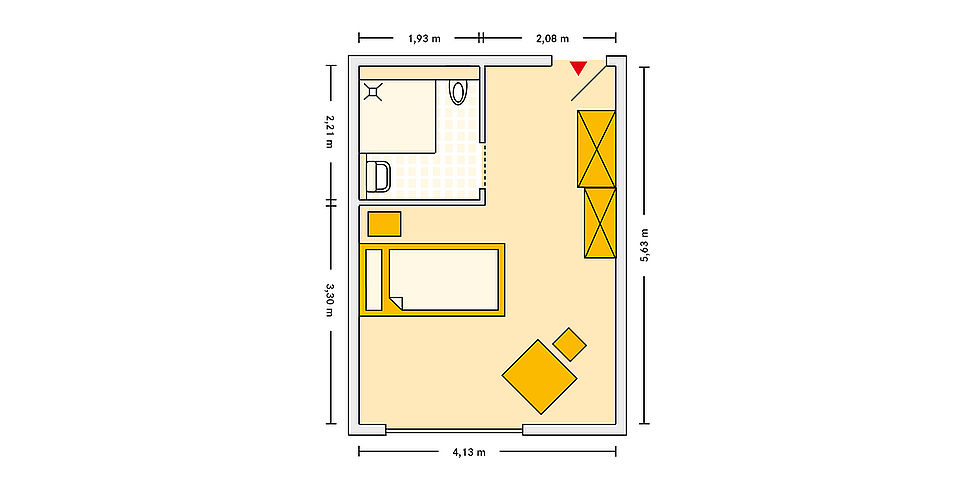 Pflegeheim Hamminkeln mit Beispielgrundriss Einzelzimmer.